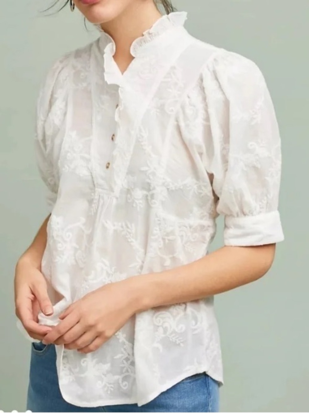 Anthropologie Akemi + Kin Brecon Textured Shirt Large White Boho Embroidered Top